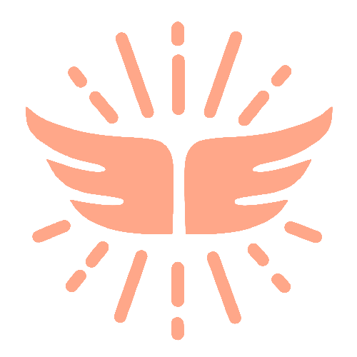 Lanzhu's character icon - a peach pink pair of angel wings above a sunburst
